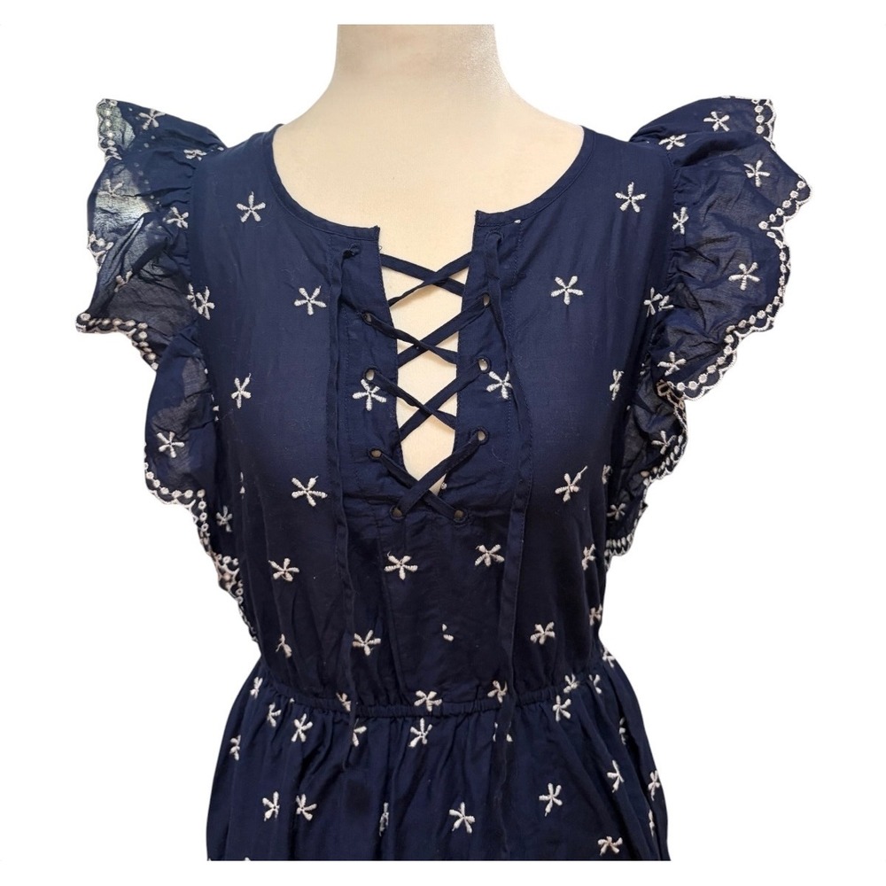 Gap Navy Blue Floral Embroidered Eyelet Midi Dress XS Cottagecore Boho Summer - Picture 3 of 11